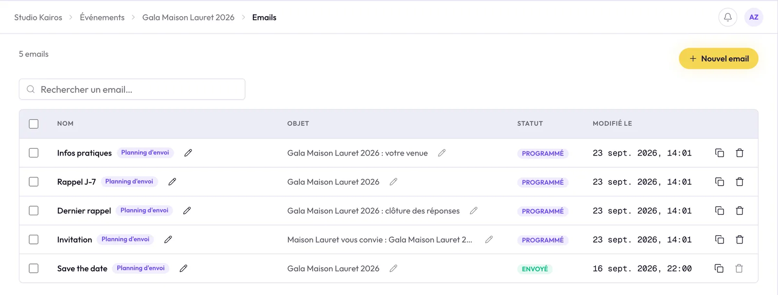 La liste des emails d'un événement, avec leur objet, leur état d'envoi et leur date.