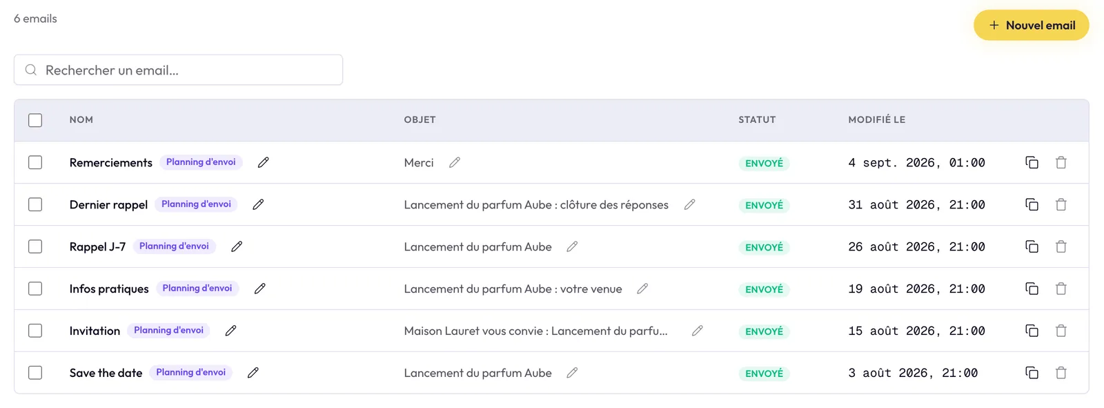 Les emails d'un lancement : save the date, invitation, infos pratiques et rappels, avec leur état d'envoi.