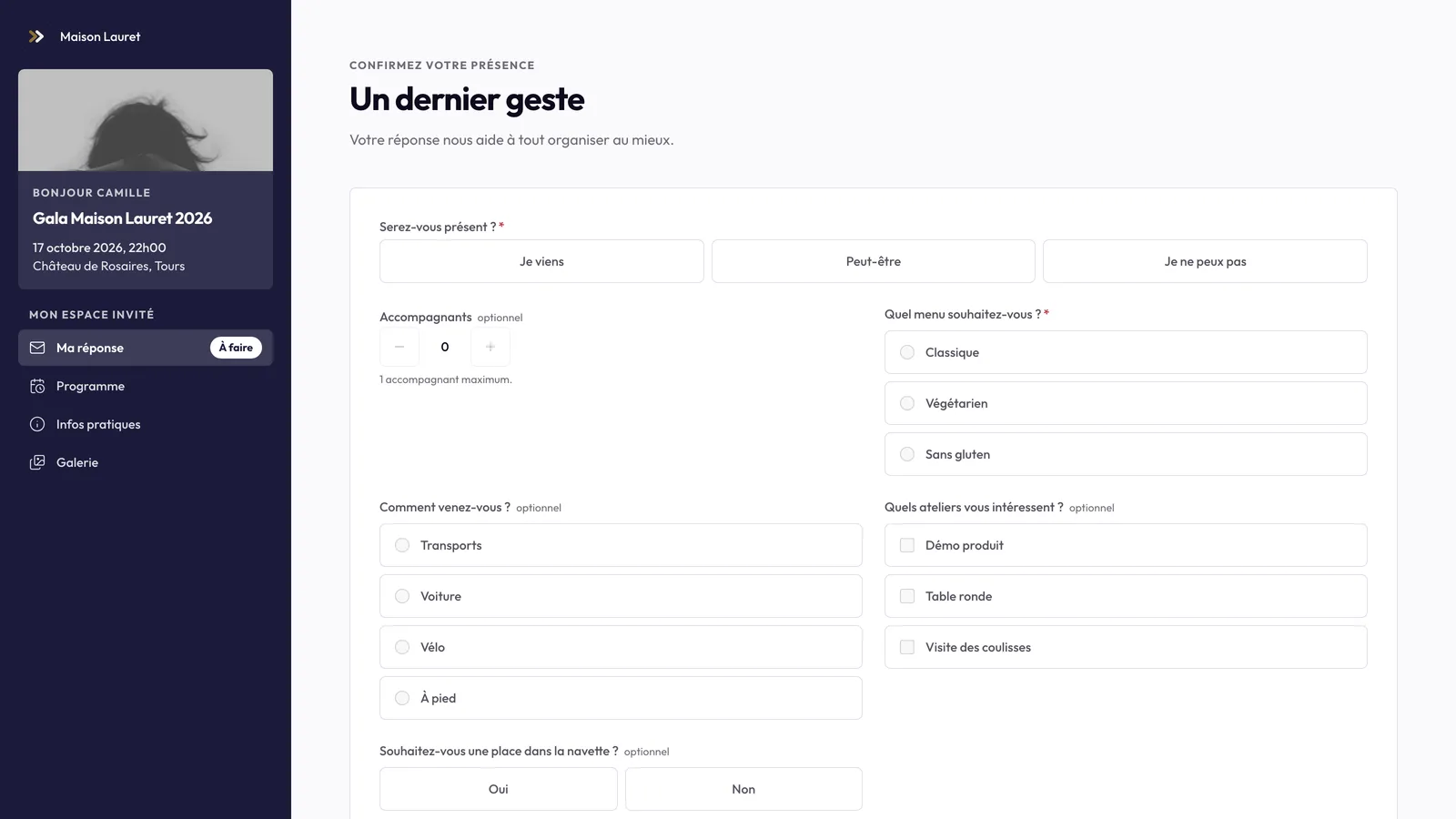 La page de réponse publique d'un événement, aux couleurs de la marque.